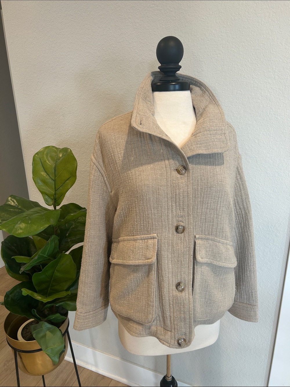 Madewell Neutral Beige Button-Front Wool-Blend Pea Coat